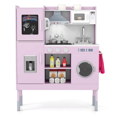 CHEFJOY Kids Kitchen Playset, Wooden Play Kitchen with Sound & Light, Montessori Toy for Bedroom Playroom Indoor, Ideal for Toddlers Ages 3+ (Pink + Silver)