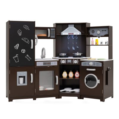 CHEFJOY Corner Play Kitchen, Wooden Pretend Cooking Set with Lights, Sounds & Chalkboard, Montessori Sensory Toy for Playroom, Bedroom,Small Space, Toddlers Ages 3+ (Espresso)