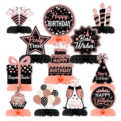 12 Pcs Birthday Table Decorations Glitter Rose Gold Black Birthday Decorations Honeycomb Centerpieces for Table Decor Girls Boys Women Men Party Supplies