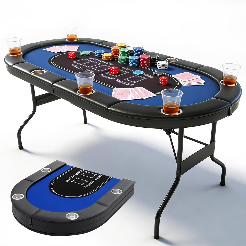 PRIJESSE 71 Inch Foldable Poker Table for 8 Players, Portable Texas Holdem Casino Table with Padded Armrests & Cup Holders, Folding Game Table for Home, Game Room and Part