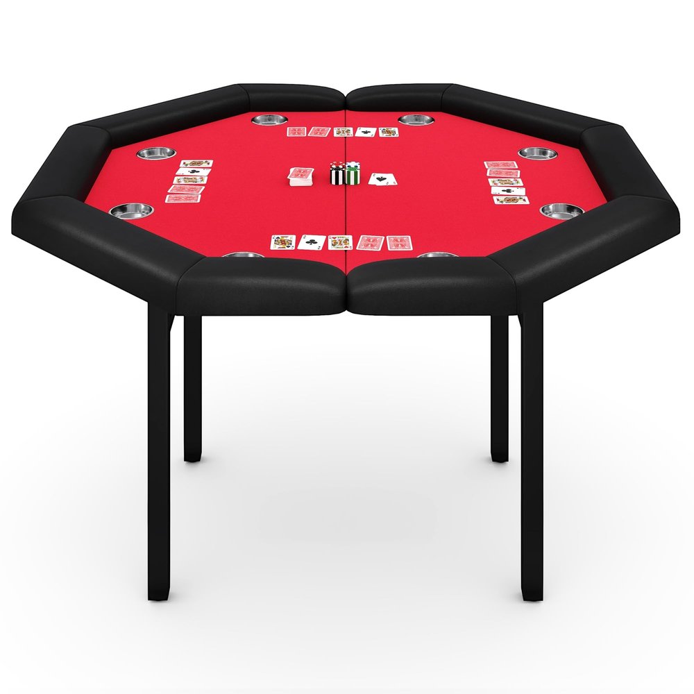 Garvee 48" Folding Poker Table, Folding Game Table Padded Rails  Stainless Steel Cup Holders  Collapsible Metal Legs, 8 Players Octagon Casino Table for Texas Holdem Games (Red)