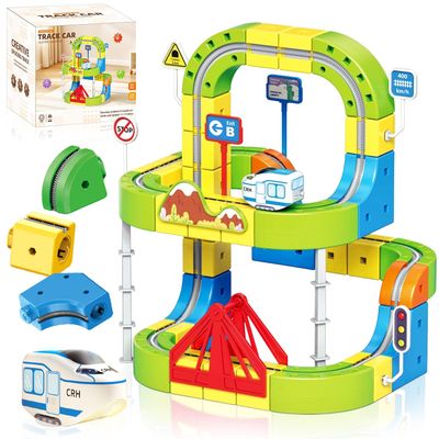 Magnetic Electric Train Track Set, 3D Gravity-Defying Flexible Race Track Building Toy with Motorized Train & Road Signs, DIY Educational DIY Construction Gift for Boys & Girls Ages 3-10 (125PCS)