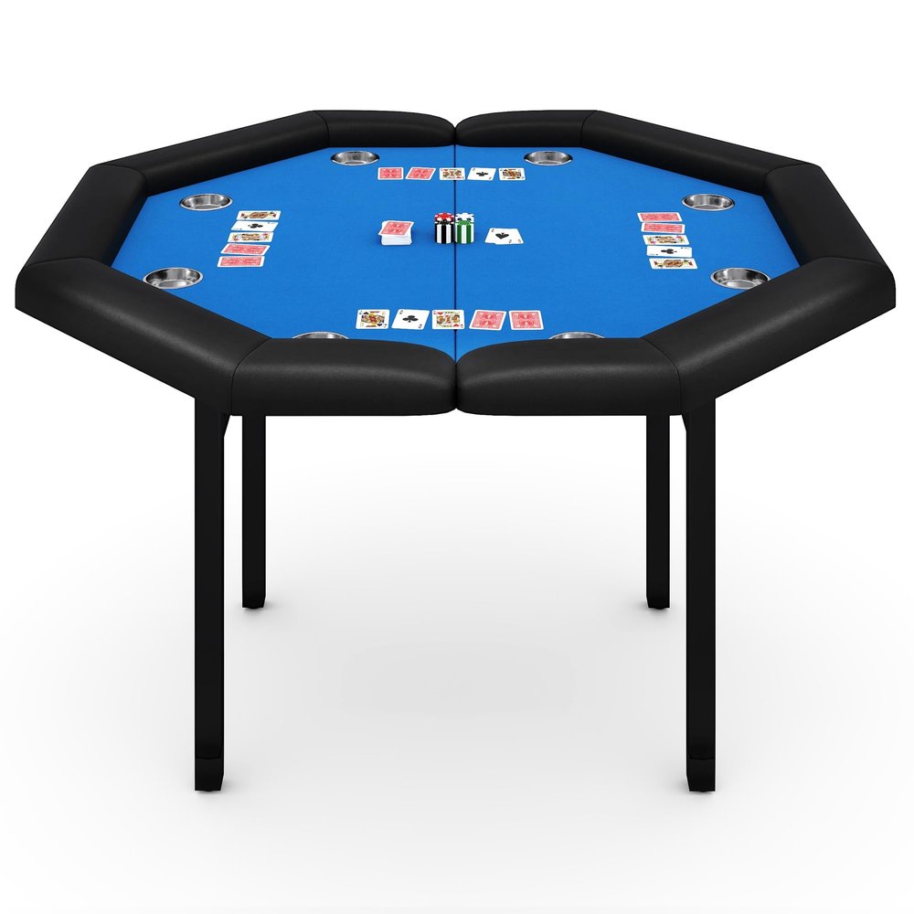 Garvee 48" Folding Poker Table, Folding Game Table Padded Rails Stainless Steel Cup Holders Collapsible Metal Legs, 8 Players Octagon Casino Table for Texas Holdem Games (Blue)