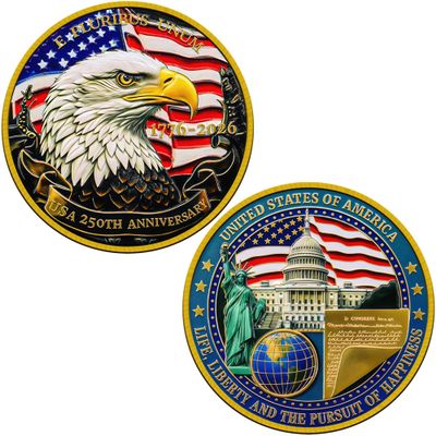 250th Anniversary Commemorative Coin USA 1776-2026, Double-Sided High Relief Craft, Eagle & Patriotic Symbols Challenge Coin, Collectible Gift for Veterans & History Collectors (250th-US-BTD-01)