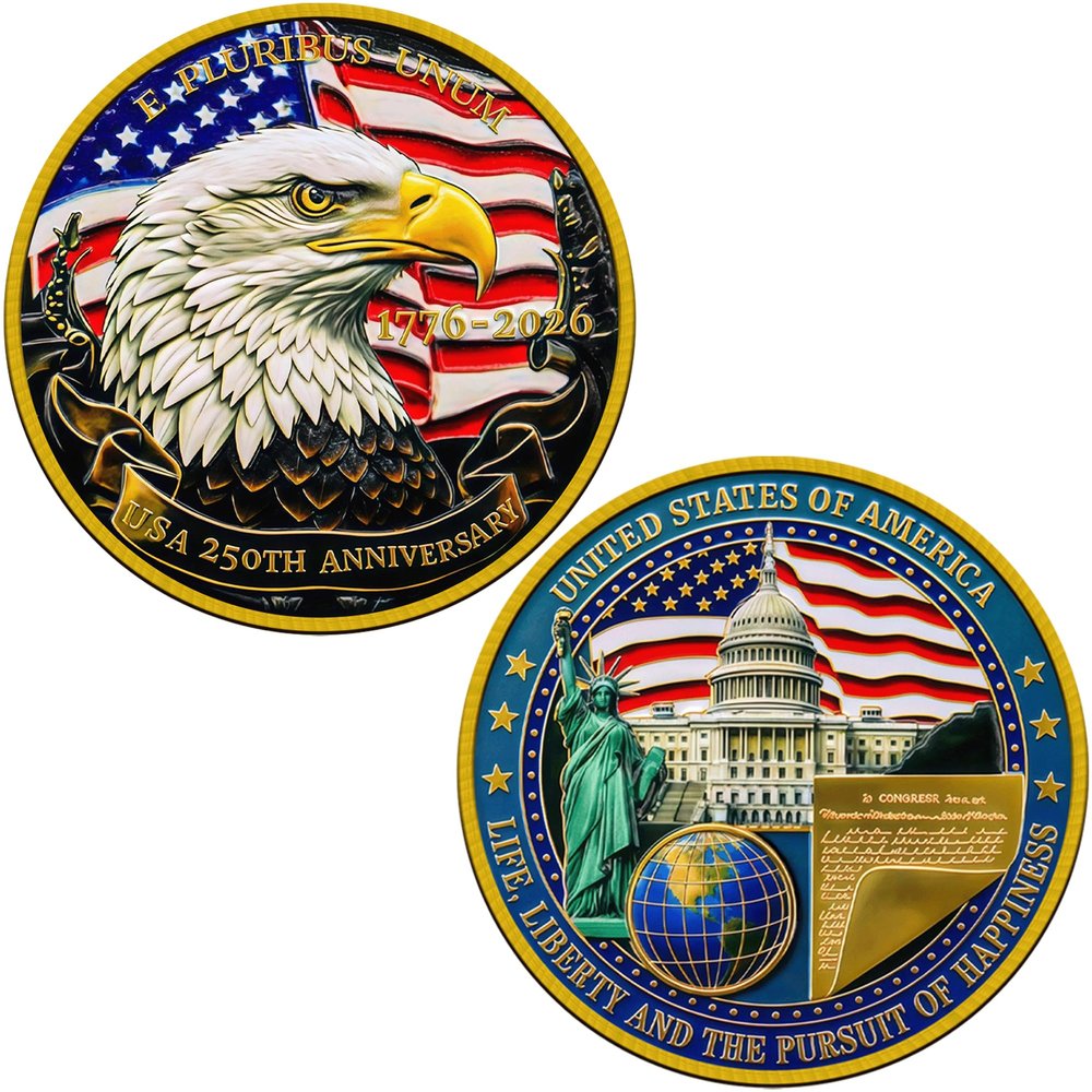250th Anniversary Commemorative Coin USA 1776-2026, Double-Sided High Relief Craft, Eagle & Patriotic Symbols Challenge Coin, Collectible Gift for Veterans & History Collectors (250th-US-BTD-01)