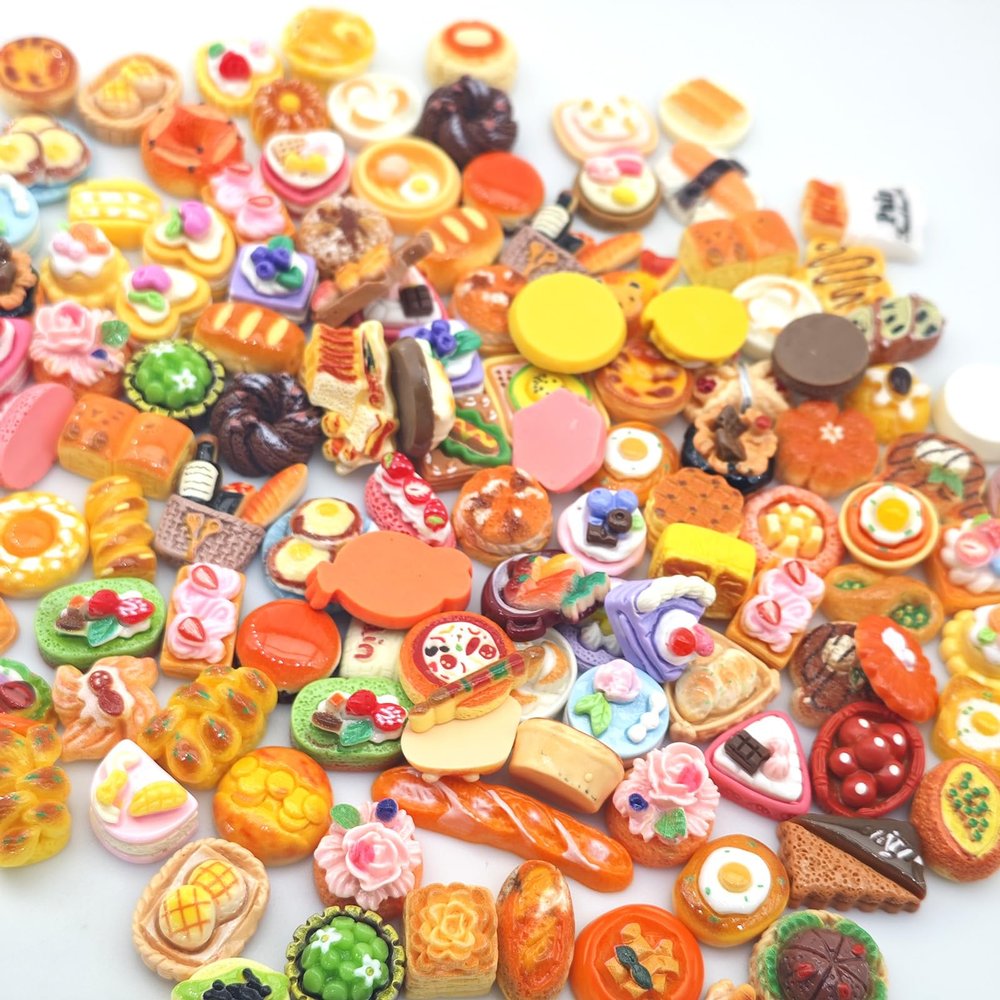 Nuanmu Miniature Cake and Bread Egg Tart Multiple Styles Resin Foods Dollhouse Creativity Pretend Play Kitchen Game Large Size Toys Accessories (80 Foods)