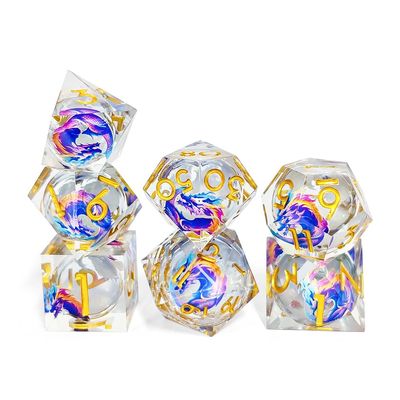7 Piece Sharp Edge Resin Dice Set with Blue Dragons Pattern and Gold Numbers, Polyhedral DND Dice for Tabletop Role Playing Games (HSSL337)