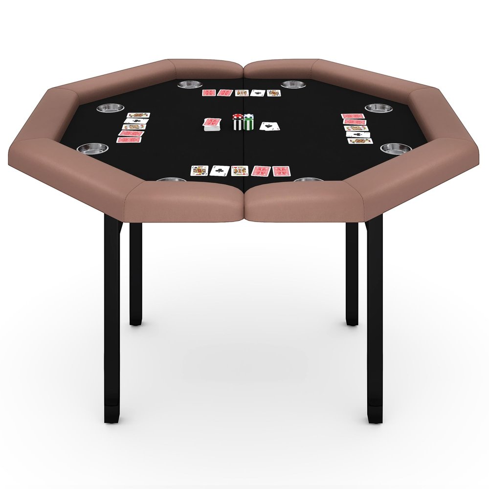 Garvee 48" Folding Poker Table, Folding Game Table Padded Rails Stainless Steel Cup Holders Collapsible Metal Legs, 8 Players Octagon Casino Table for Texas Holdem Games (Brown)