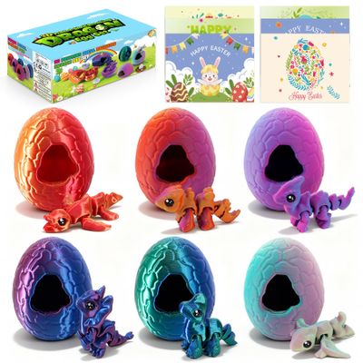 XPQKDC 6Pcs 3D Printed Dinosaur Eggs with Dragon Inside, Mini Articulated Animals Dragon Multi-Color Gradient, 3D Printed Animals Easter Basket Stuffers, Birthday Gifts Easter Gifts for Kids