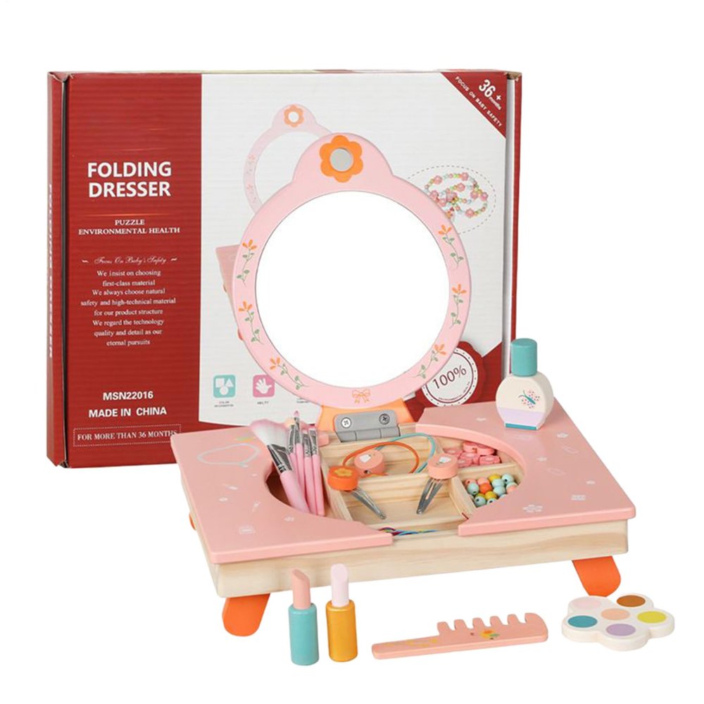 Kids Play Vanity, Wooden Dressing Table with Mirror, Folding Pretend Play Vanity, for MDF Material, Girls Makeup Set with Comb and Cosmetics, Fun Feature, for Dress Up Home Children's Room Use