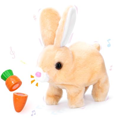 IGUOCY Realistic Bunny Toy, Easter Bunny Plush Toy, Interactive Hopping Rabbit with Carrot, Robot Bunny with Sounds, Wiggling Ears, Twitching Mouth and Nose, Easter Basket Birthday Gift (Brown)