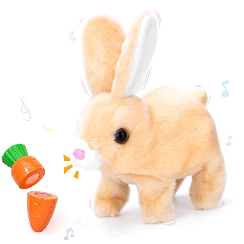 IGUOCY Realistic Bunny Toy, Easter Bunny Plush Toy, Interactive Hopping Rabbit with Carrot, Robot Bunny with Sounds, Wiggling Ears, Twitching Mouth and Nose, Easter Basket Birthday Gift (Brown)
