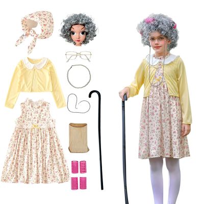 100 Year Old Costume for Boys Old Lady Costume for Kids 100 Day of School Grandma Dress Up Outfits 10 Pc Funny Granny Costumes Kids Size 3-10