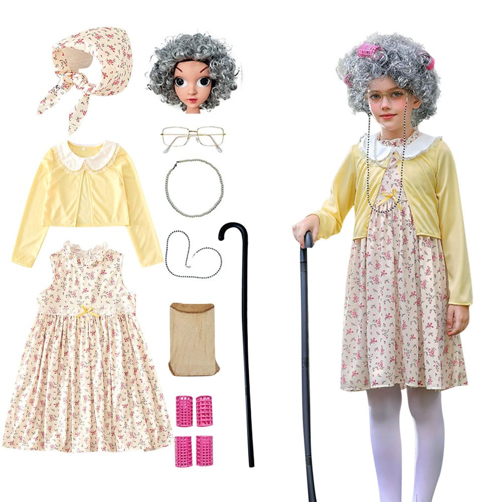 100 Year Old Costume for Girls Old Lady Costume for Kids 100 Day of School Grandma Dress Up Outfits 10 Pc Funny Granny Costumes Kids Size 3-10