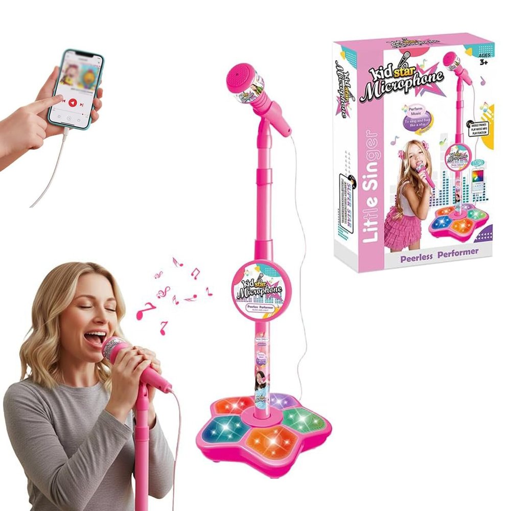 Star Microphone with Stand, with Light, Adjustable Height, Stand Got Built-in Music Colorful Lights, Echo Effects (Pink)