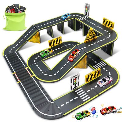 Magnetic Road Set with Traffic Sign Toys, STEM Magnetic Building Blocks, Creative Educational Construction Toys, for Kids (45)