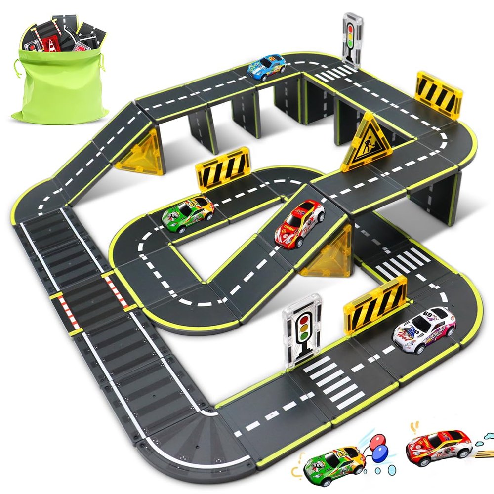 Magnetic Road Set with Traffic Sign Toys, STEM Magnetic Building Blocks, Creative Educational Construction Toys, for Kids (45)