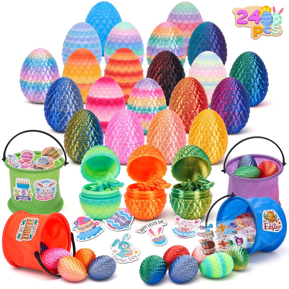 24PCS 3D Printed Dragon Eggs Easter Basket Essentials with Buckets & Stickers Prefilled Easter Eggs with Dragon Unique Easter Basket Stuffers Goodie Bag Fillers Gifts for Kids Teens