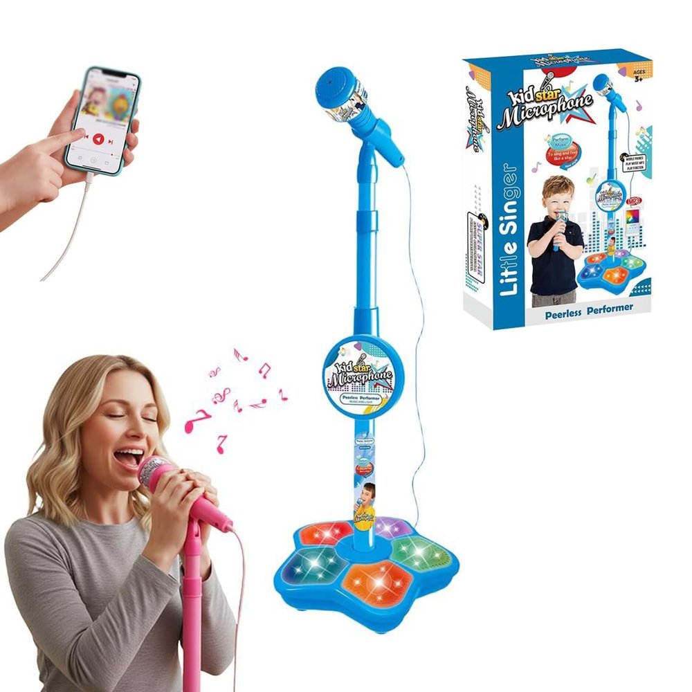 Star Microphone with Stand, with Light, Adjustable Height, Stand Got Built-in Music Colorful Lights, Echo Effects (Blue)