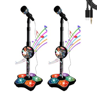 Star Microphone with Stand, Machine Toy with Music & Light, Got Built-in Music Colorful Lights Echo Effects, Microphone Toy Machine, for Singing, Musics Play, Fun, Adjustable Height (2 * Black)