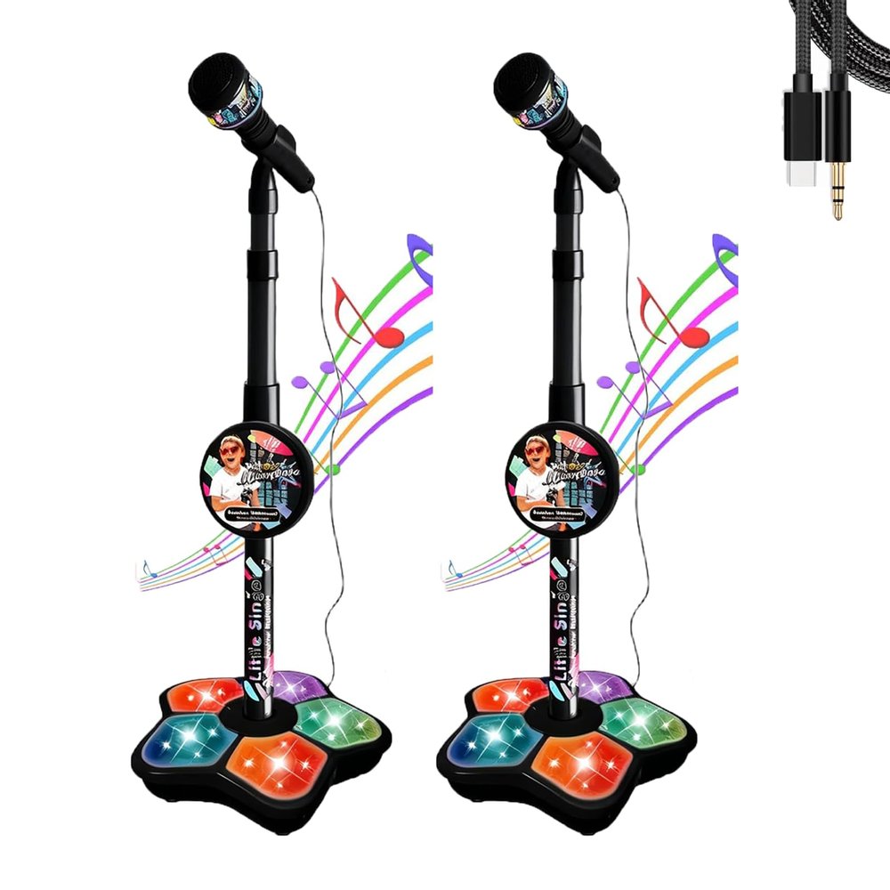 Star Microphone with Stand, Machine Toy with Music & Light, Got Built-in Music Colorful Lights Echo Effects, Microphone Toy Machine, for Singing, Musics Play, Fun, Adjustable Height (2 * Black)