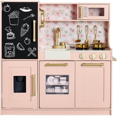 Best Choice Products Pretend Play Kitchen Wooden Toy Set for Kids w/Realistic Design, Telephone, Utensils, Oven, Microwave, Sink - Plush Pink