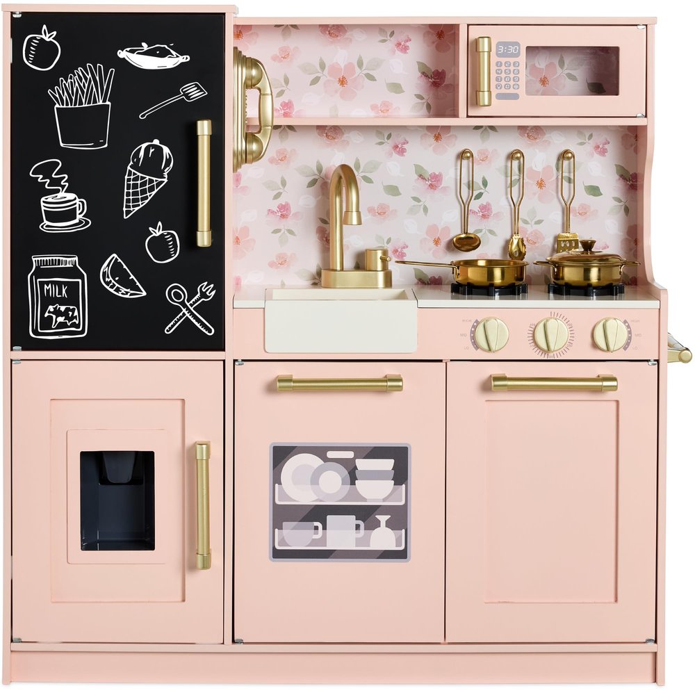 Best Choice Products Pretend Play Kitchen Wooden Toy Set for Kids w/Realistic Design, Telephone, Utensils, Oven, Microwave, Sink - Plush Pink