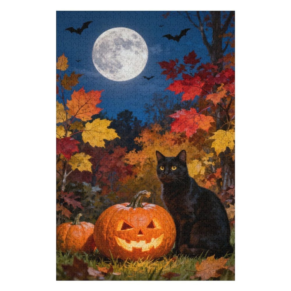 1000 Piece Midnight Halloween Black Cat Jigsaw Puzzle for Adults, 30x20 in Pumpkin Jack-O-Lantern Full Moon Theme, Spooky Fun for Holiday Decor & Family Game Nights
