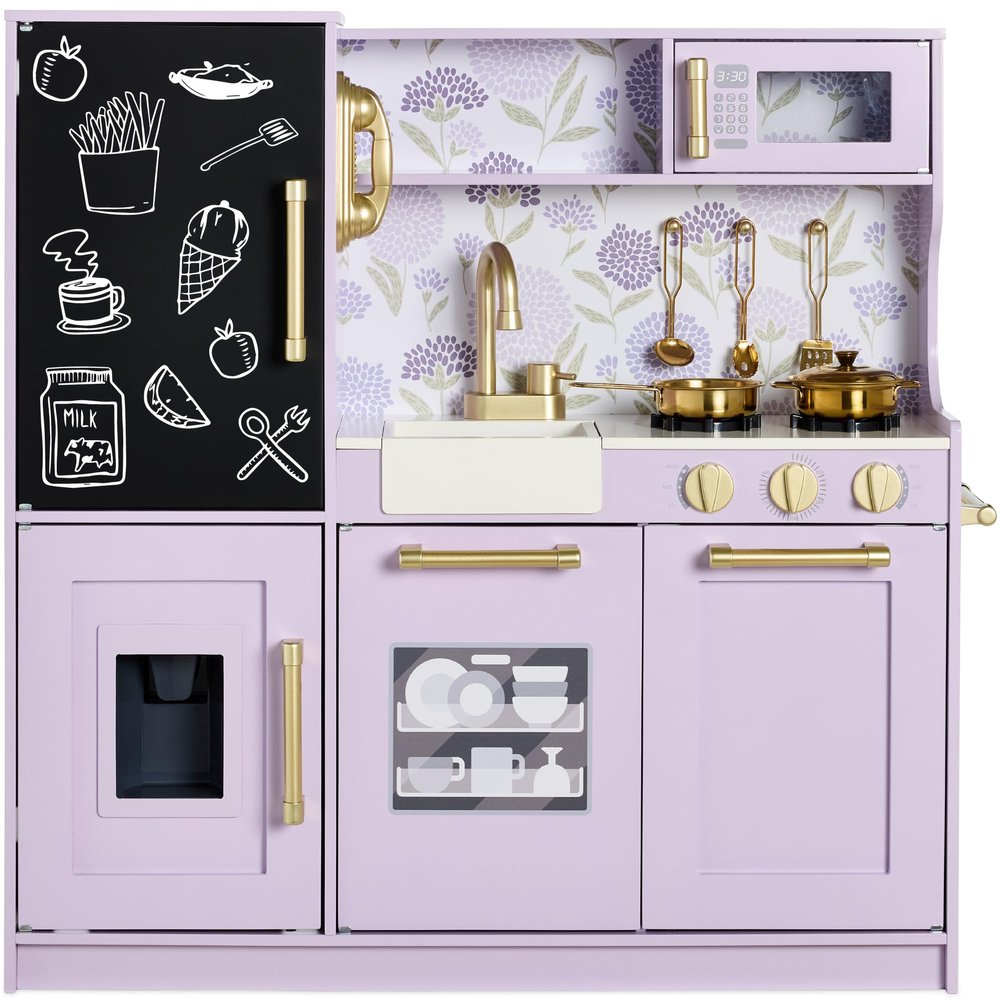 Best Choice Products Pretend Play Kitchen Wooden Toy Set for Kids w/Realistic Design, Telephone, Utensils, Oven, Microwave, Sink - Lavender