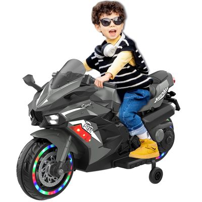 12V Kids Ride On Motorcycle,2-Wheel Electric Motorcycle with LED Light-Emitting Tyres, MP3,USB - Gift for Kids Ages 3-6 Years Old,The Best Birthday Gifts (Grey)