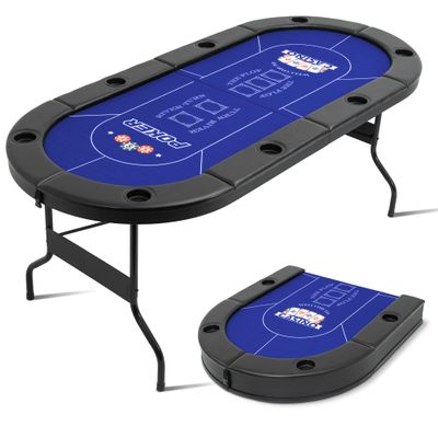 BEHOO 8 Player Folding Poker Tables, Texas Holdem Table with Padded Rails & Cup Holders, Foldable Casino Poker Table, Oval Blackjack Tables Foldable Leisure (Blue)