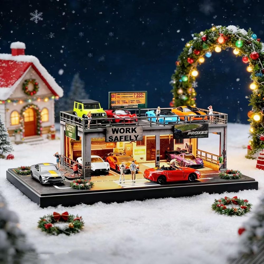 Diorama 1/64 Scale Double-Deck Parking Workshop, LED Lighting, Diecast Car Garage Miniature Scene Display, City Street Building Repair Workshop Model, 11.6 * 7.79 * 4.72 Inches