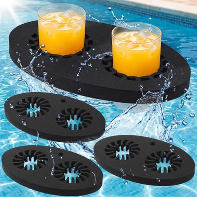 LemonRoad 4 Pcs EVA Foam Floating Drink Holder for Pool Refreshment Table Tray with Phone Slot Portable Non-Inflatable Floating Tumbler Pool Bar Accessories for Hot Tub Beach Swimming (Double,Black)