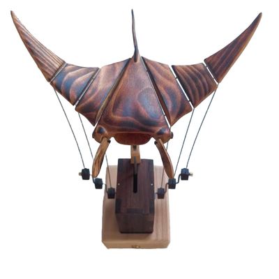 Handmade Wooden Devil Fish Sculpture, Simulation Stingray Bat Ray Carving Ornament with Display Stand