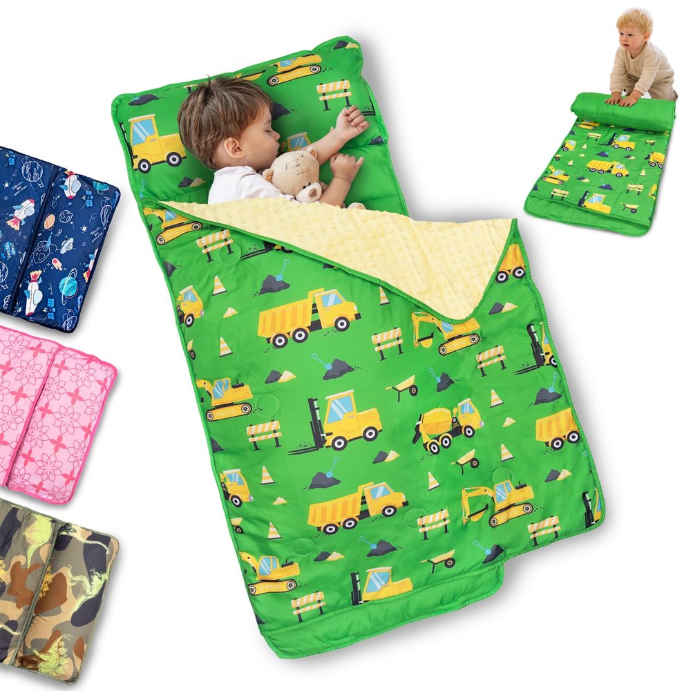 Primlect Toddler Nap Mat with Removable Pillow and Fleece Blanket, Extra Large 55''x35'' Sleeping Bag, Washable, Light, Easy to Roll up, Perfect for Daycare, Preschool, Kindergarten, Travel, Green Car