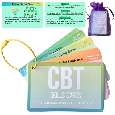 CBT Cards for Adults & Teens - 24 Cognitive Behavioral Therapy Flashcards for Anxiety, Depression & Stress Relief - Double-Sided Mental Health Coping Skills Tools with Portable Ring