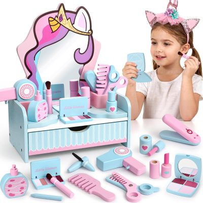 Toyssa Unicorn Wooden Vanity Set, Pretend Makeup Toys for Girls Ages 3-6
