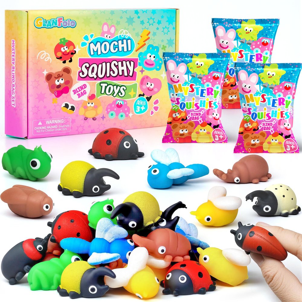 32Pcs Mochi Squishy Toys Bulk Mini Squishies Squeeze Insect Bug Toys Blind Mystery Bags Party Favor for Kid Treasure Box Toys for Classroom Goodie Bag Filler Birthday Gift Sensory Fidget Stress Relief