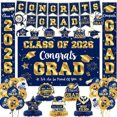 2026 Graduation Decorations - Navy Blue and Gold Graduation Decorations Set Congrats Grad Banner & Backdrop, Porch Sign, Hanging Swirls, Balloons, Honeycomb Centerpieces for Congrats Grad Party Decorations