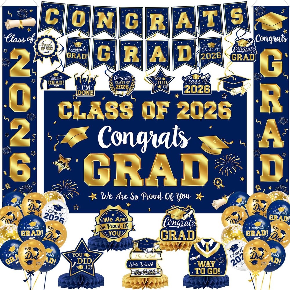 2026 Graduation Decorations - Navy Blue and Gold Graduation Decorations Set Congrats Grad Banner & Backdrop, Porch Sign, Hanging Swirls, Balloons, Honeycomb Centerpieces for Congrats Grad Party Decorations
