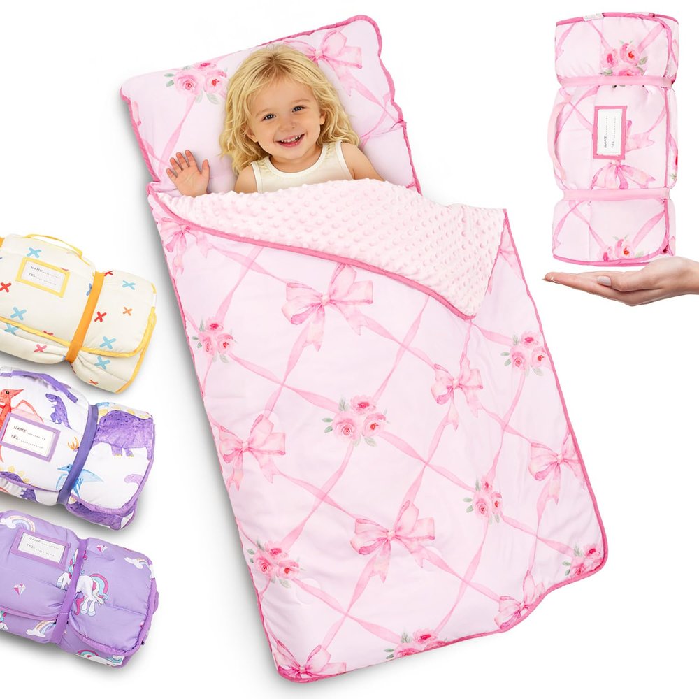 Primlect Thickened Toddler Nap Mat with Removable Pillow and Minky Blanket, Extra Large 55''x35'' Sleeping Bag, Washable, Roll up, Perfect for Daycare, Preschool, Kindergarten, Boys and Girls Bow