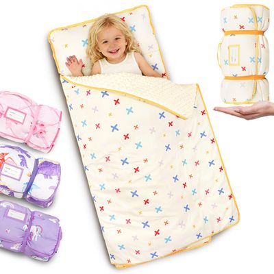 Primlect Thickened Toddler Nap Mat with Removable Pillow and Minky Blanket, Extra Large 55''x35'' Sleeping Bag, Washable, Roll up, Perfect for Daycare, Preschool, Kindergarten, Boys and Girls Beige