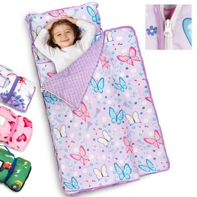 Primlect Toddler Nap Mat Extra Large Thickened 55''x35'', Soft Sleeping Bag with Detachable Minky Blanket and Pillow, Portable for Daycare, Preschool, Kindergarten, Travel, Boys and Girls, Purple