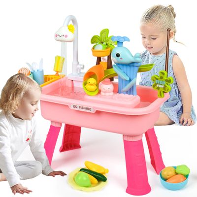 HUASHILUO Upgraded Toddler Sand Water Table Toy with Electric Water Pump, Kids Sand Water with Faucet/Play Food Accessories/Fishing Toy, Kitchen Play Sink Toys for Girl Boy Age 3+