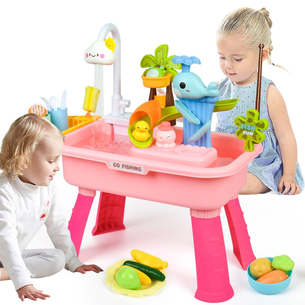 HUASHILUO Upgraded Toddler Sand Water Table Toy with Electric Water Pump, Kids Sand Water with Faucet/Play Food Accessories/Fishing Toy, Kitchen Play Sink Toys for Girl Boy Age 3+