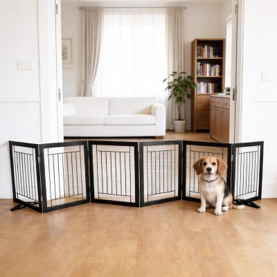 Dog Fence Indoor - 6-Panel Freestanding Dog Gate for Doorways, Hallways, House or Stairs -120x24-Inch Retractable Foldable Expandable Wood Pet by SFJC (Black)