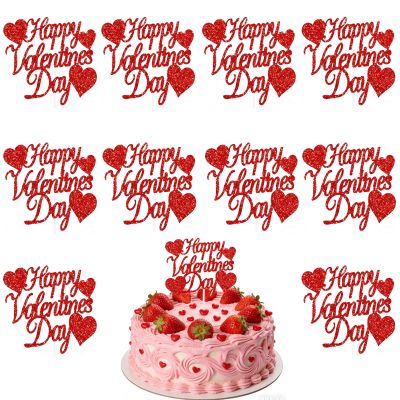 10pcs Happy Valentine's Day Cake Toppers Glitter Red Heart Cupcake Toppers, Valentine's Day Cake Topper Supplies Wedding Party Cake Decorations Valentine's Gifts for Couples Bridal Shower Anniversary