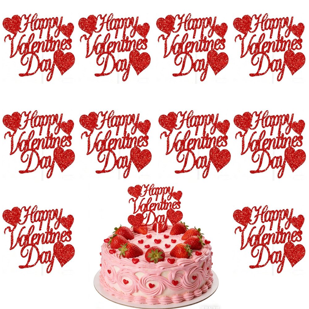 10pcs Happy Valentine's Day Cake Toppers Glitter Red Heart Cupcake Toppers, Valentine's Day Cake Topper Supplies Wedding Party Cake Decorations Valentine's Gifts for Couples Bridal Shower Anniversary