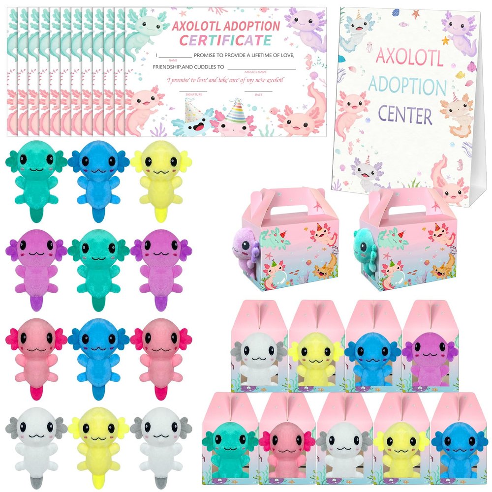37 Pcs Adopt Axolotls Party Favors Axolotl Birthday Party Decoration Include 12 Plush Axolotls 12 Goodie Boxes 12 Card 1 Stand for Mexcian Plush Axolotl Adoption Party Supplies Classroom Rewards