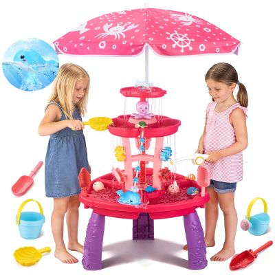 VROGTIK Water Table for Toddlers with Water Pump and Fishing Game Set 3-Tier Kids Sand Water Table with Umbrella Sensory Outdoor Toys for Kids Ages 3-8 Outside Toys Backyard Toddler Girl Toys